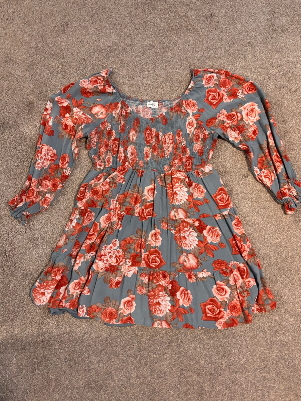 Girls' Blue Floral Smocked Long-Sleeve Dress with Rose Print